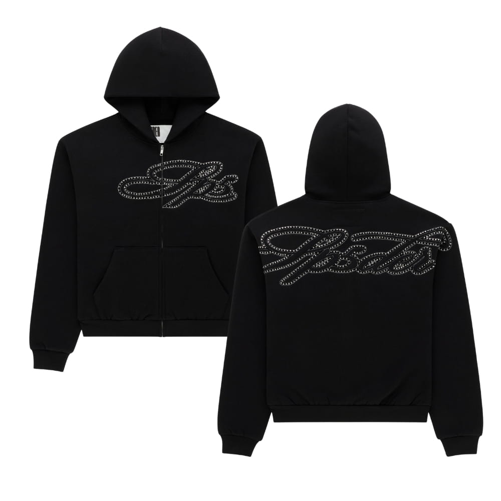 Rhinestone Script Zip Hoodie Black