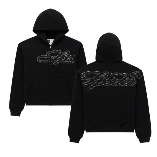 Rhinestone Script Zip Hoodie Black